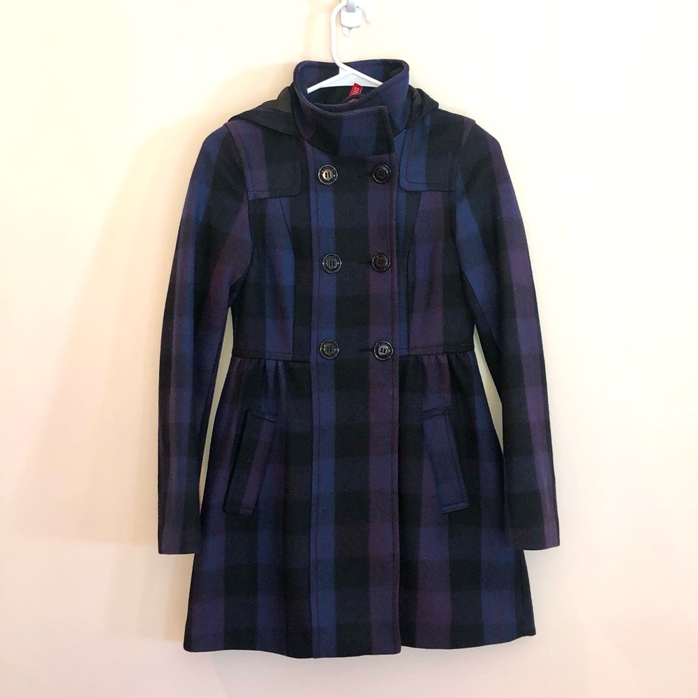 H&M purple, blue and black wool hooded plaid coat